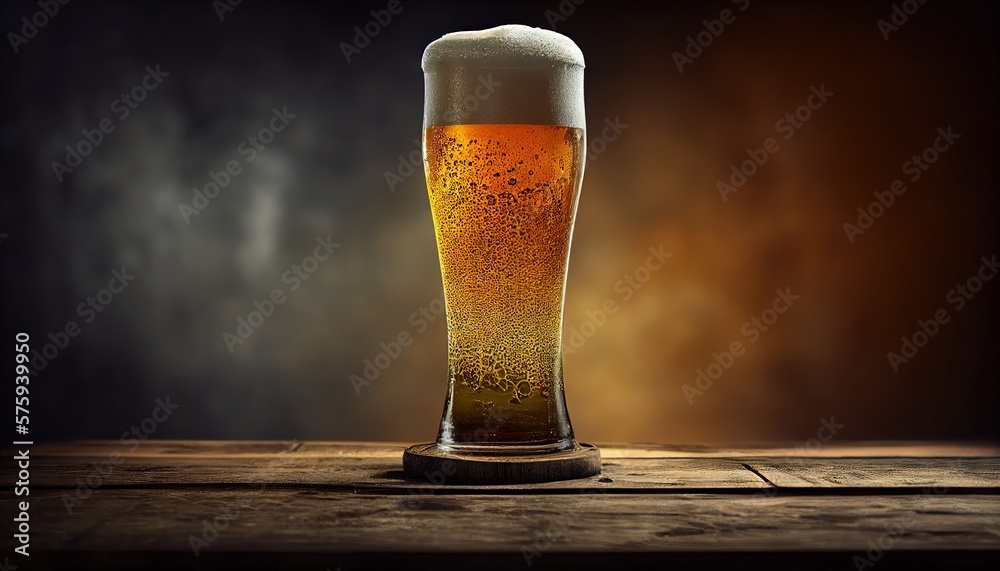 A glass of fresh and cold beer, foam at the top, Wood table, on dark background. Generative AI.
