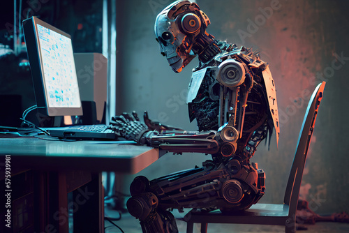 AI chatbot robot sitting at desk typing on computer keybord - generative AI photo