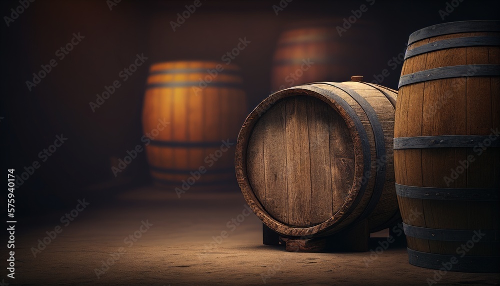 Wooden barrels for whiskey, wine, or cognac stand on a wooden pallet in the basement. Generative AI.