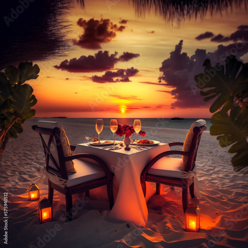 Table during a dinner in a tropical resort. Honeymoon. Generative AI.  