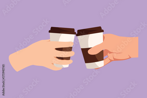 Graphic flat design drawing romantic couple is toasting with paper cup and drink coffee. Habit of drinking coffee in morning at home before office working activities. Cartoon style vector illustration