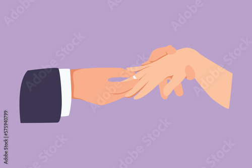 Character flat drawing groom puts ring on finger of bride. Bride and groom make vow of loyalty on their wedding day. Happy couple on marriage ceremony celebration. Cartoon design vector illustration
