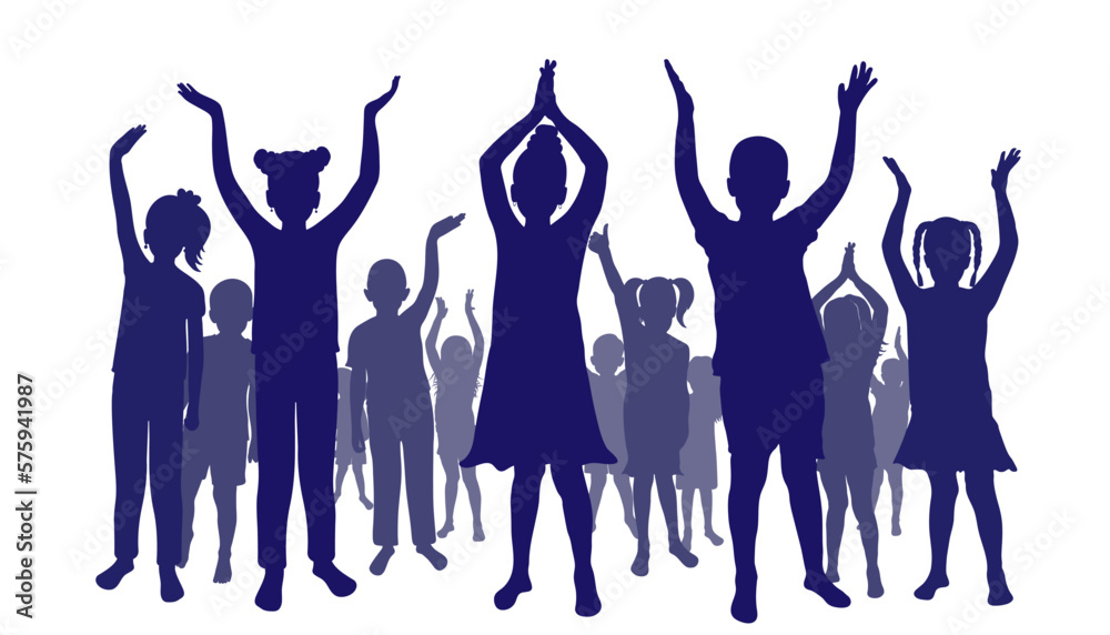 Cheerful group of children. Silhouettes of happy boys and girls. Vector illustration