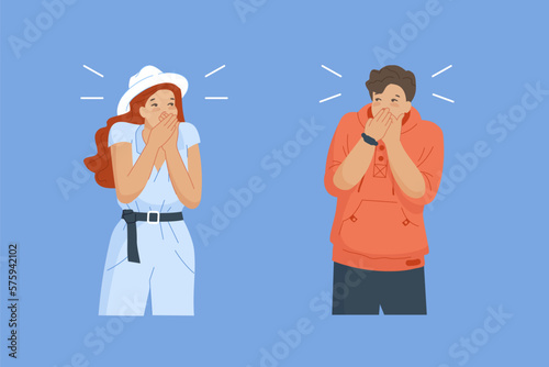 People keep secret. Couple hand shutting their mouth, be quiet concept lady keeping silent, shy calm friends not rumor talk