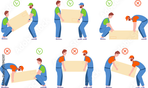 Lifting technique. Safe posture lifted-up and squat heavy cargo, correct techniques work with heaviness, carrying back weight lift or load large box, splendid vector illustration