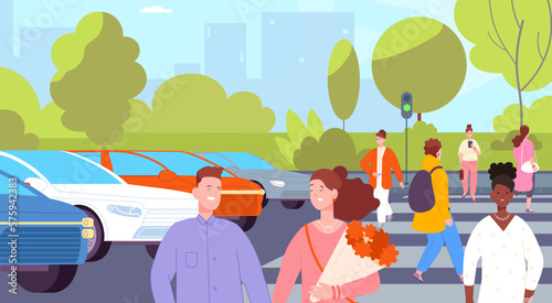 People is crossing avenue. Pedestrian movement cross city road, downtown traffic happy and busy pedestrians on crosswalk zebra panoramic cityscape flat splendid vector illustration