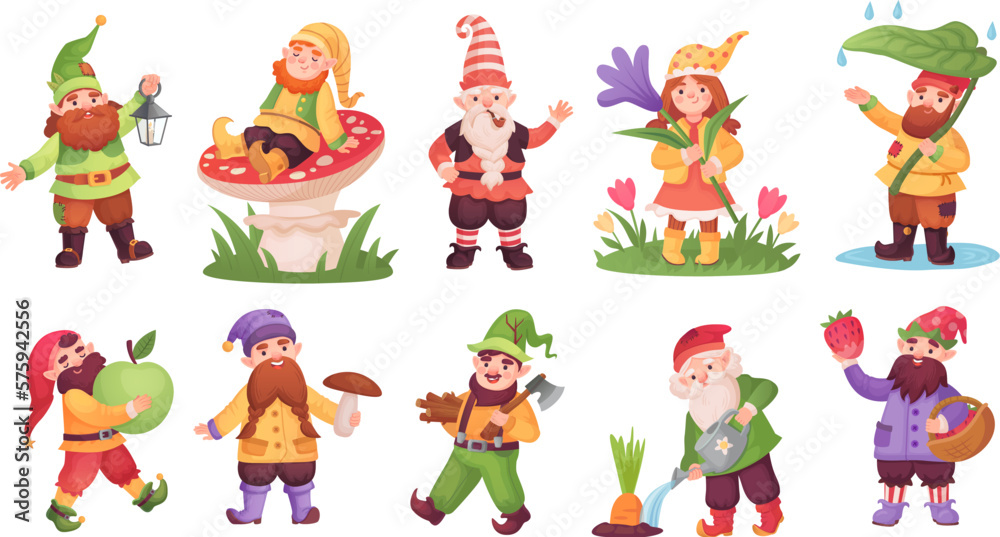 Magical dwarfs. Cartoon little gnomes, fairy tale elf character garden gnome with home decoration lantern mushroom apple, funny small elves friends, ingenious vector illustration