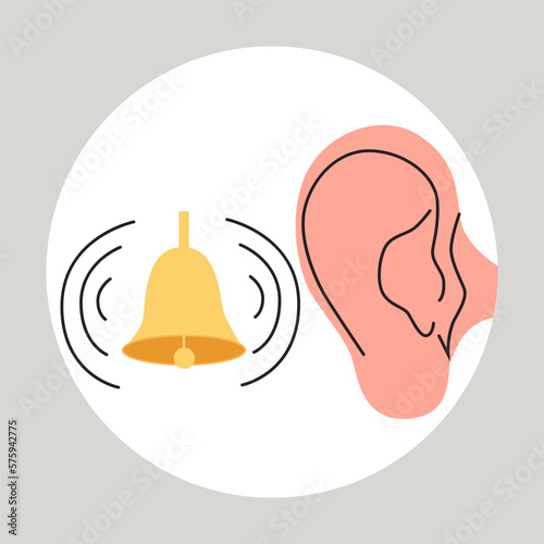 Ringing in the ear. Otitis, tinnitus symptom. Bacteria in the middle ear. Flat vector medical illustration