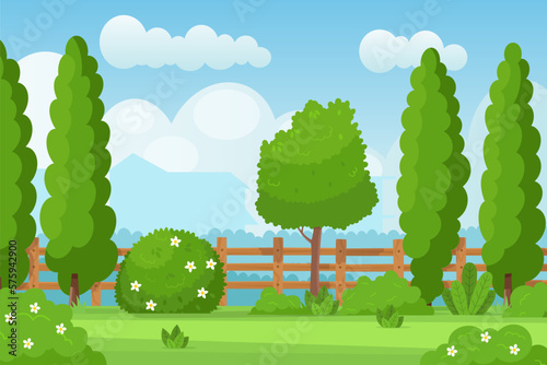 Garden hedge landscape. Empty fenced backyard, country jardin park with wooden fence, trees flower bush and green grass lawn
