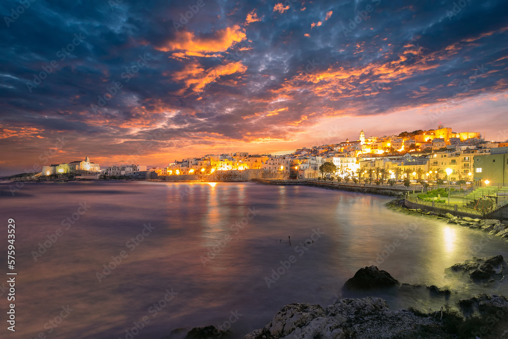 Marvelous  view of historic center and promenade of the city of Vieste at night