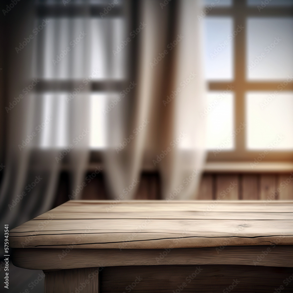 Wooden table on defocuced window with curtain Wooden table on defocuced window with curtain
