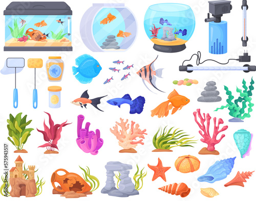Aquarium equipment. Aquaristic elements, underwater decorations for fishbowl freshwater fish pet, filter water tank coral reef stone seaweed shells castle, neat vector illustration
