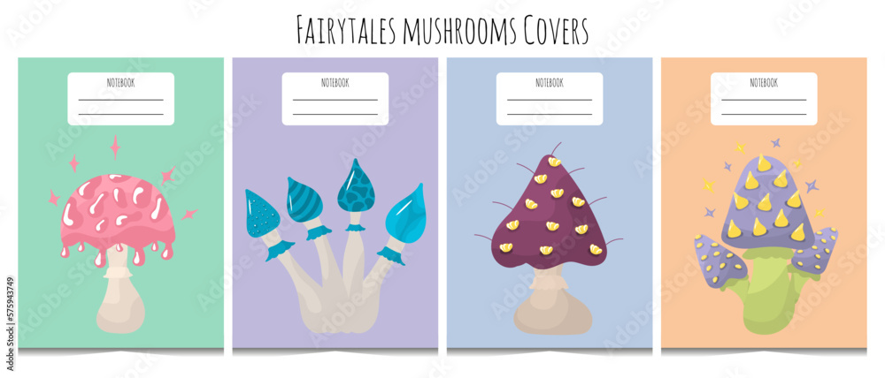 Set of 4 notebook cover templates in trendy minimal style. Colorful magic mushroom in flat style.  Isolated on white background.	