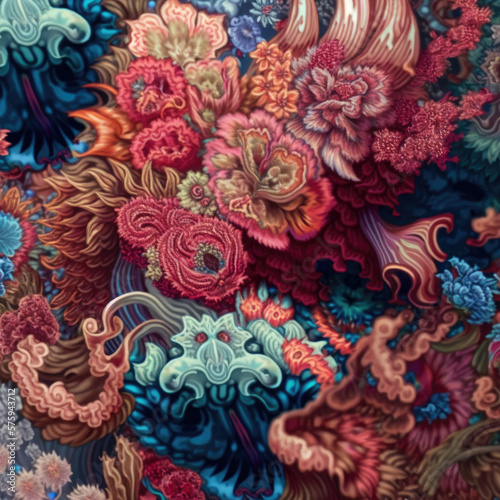 Detailed painting of many different types of decorative flowers pattern. Generative AI illustration. © Vitaly Art