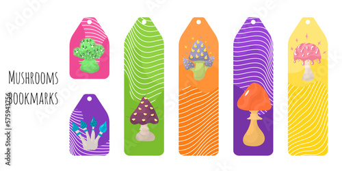 Set of 6 bookmarks templates in bright color palette. Crazy magic mushroom and geometric lines elements. Vertical bookmarks. Flat illustration. Isolated on white background.