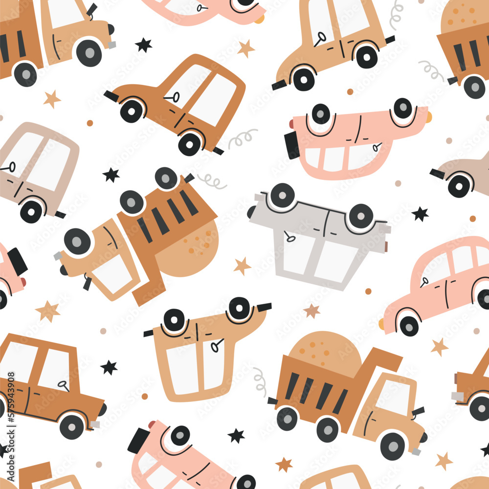 Boho seamless pattern with cute cars.