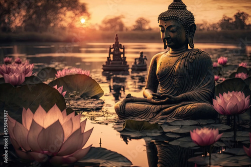 Buddha statue on the water with lotuses  generative AI