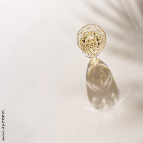 Top view of wineglass with white wine, beautiful shadows from palm leaf at sunlight, summer alcohol drink background beige colored, creative aesthetic flat lay, copy space, sunny still life