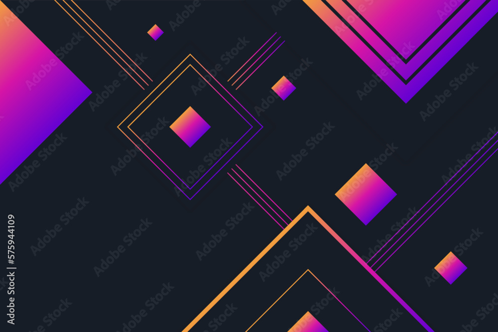 Purple square shape and neon lines background design in geometric style