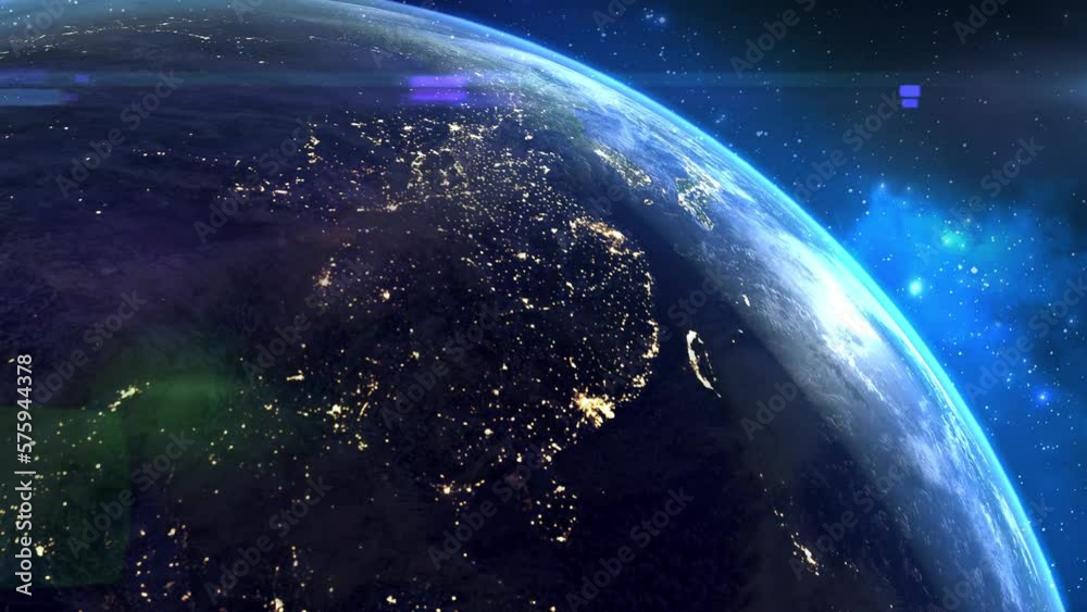 Seamless video loop, view from space of the night planet Earth with the lights of the world's evening cities. Globe rotation day to night skyline. Realistic repeatable animation. 4k footage
