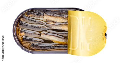 Sprats in oil, opened can of canned fish, top view, isolated on white background with clipping path
