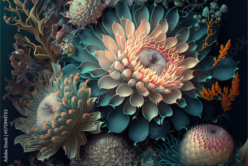 Detailed painting of many different types of decorative flowers pattern. Generative AI illustration.