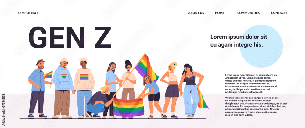 mix race people holding lgbt rainbow flags gay lesbian love parade pride festival transgender love generation Z concept