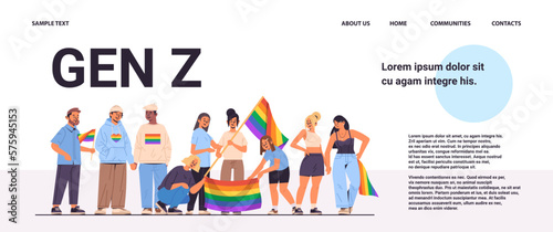 mix race people holding lgbt rainbow flags gay lesbian love parade pride festival transgender love generation Z concept