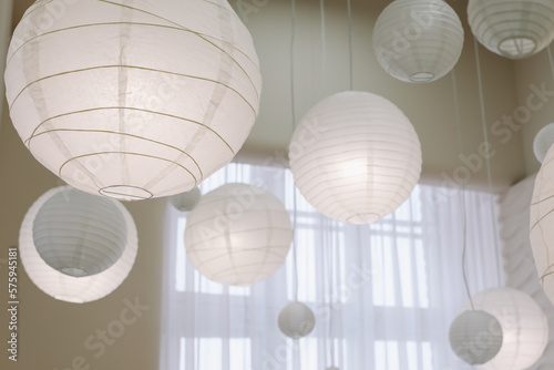 Beige paper lamps in modern interior. cozy home interior