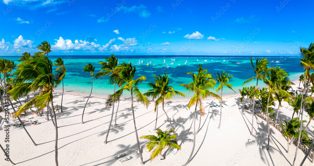 Aerial panorama of white sand Bavaro beach with green coconut palm trees and turquoise color of the Caribbean sea. Best destinations for vacations in Dominican Republic  - obrazy, fototapety, plakaty 