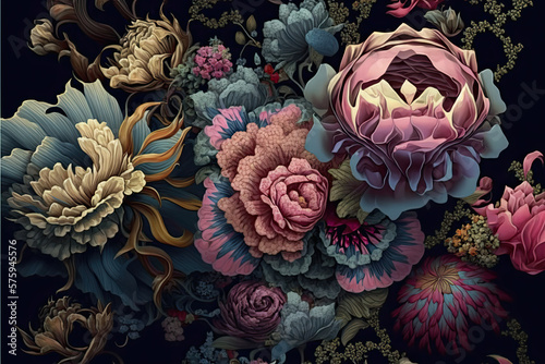 Detailed painting of many different types of decorative flowers pattern on dark background. Generative AI illustration. © Vitaly Art