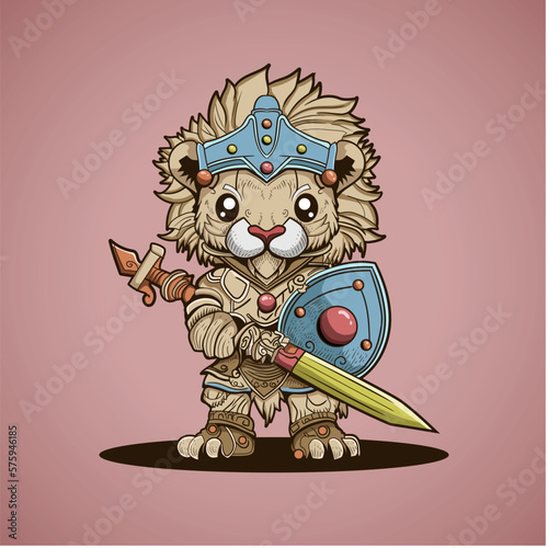 Cute Lion King Of Animal Warrior With Sword And Armor Vector Illustration Artwork Character Design