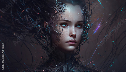 A humanoid cyber girl with a neural network, Futuristic, robot girl