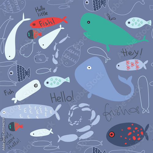 Cute fish. Kids background. Seamless pattern. Can be used in textile industry, paper, background, scrapbooking.