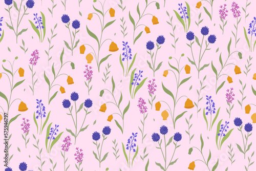 Seamless pattern with meadow flowers on a light pink background. Vector graphics.