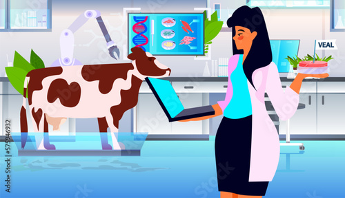 scientist analyzing dna of cultured veal meat on tablet pc screen artificial lab grown meat production concept