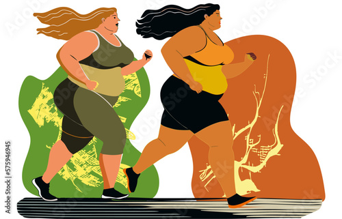 two fat women are engaged in sports jogging in nature