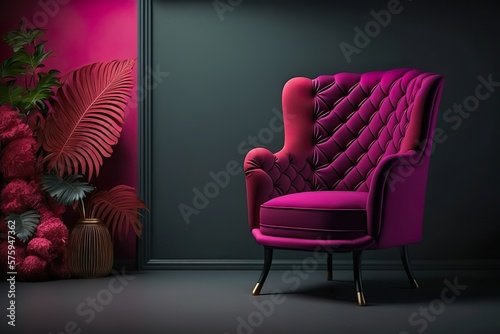 grey interior with magenta armchair, Generative Ai © SuperPixel Inc