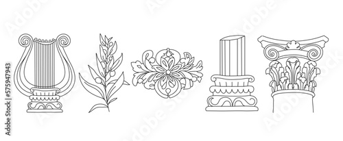 Art  of sculpture objects for the exhibition of classical and contemporary painting, music. Hand illustrations, plaster antique statues, pillar and harp. Drawings for poster. Ancient Greece