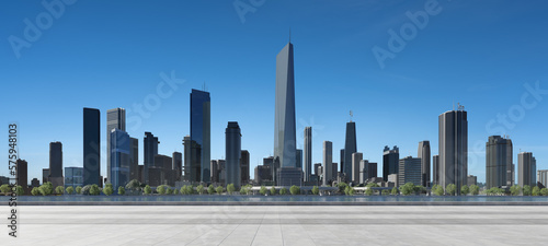 3D Modern city with a beautiful view and empty floor in front