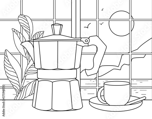 Coloring page for kids and adults. Hand drawn vintage objects. Coffee maker or percolator, morning sea view, nature, sun. Beautiful drawing with patterns and small details. Coloring book picture
