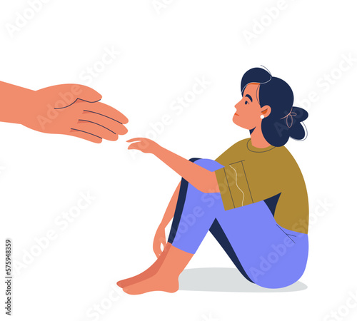 Human hand helps sad lonely woman get rid of depression. Young unhappy girl hugs her knees. Concept of support, mental health aids and care for people under stress. Vector illustration in flat style.