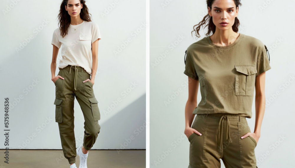 Fictional model's wearing a pair of cargo pants in a muted olive green