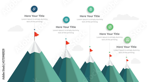 Vector timeline mountains infographics business with flags. 5 steps to success. Growth illustration.