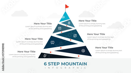 Route to success. leadership and motivation. business and finance concept. isolated on white background. vector illustration flat design. mountain infographic 6 elements with red flag on top.