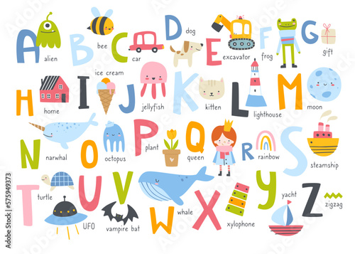 Cute english alphabet for kids with naive doodle pictures. Abc learning cartoon poster for children.