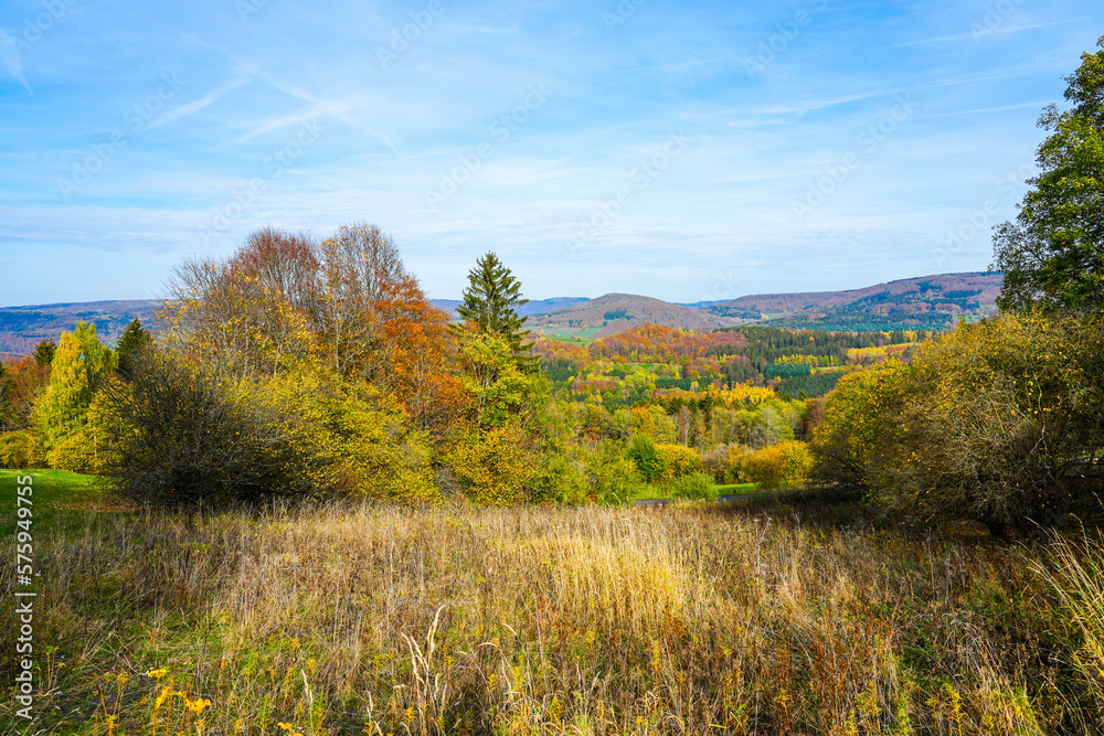 View of nature and the Rhön near Riedenberg. Autumn forest in the low mountain range.
View of nature and the Rhön near Riedenberg. Autumn forest in the low mountain range.