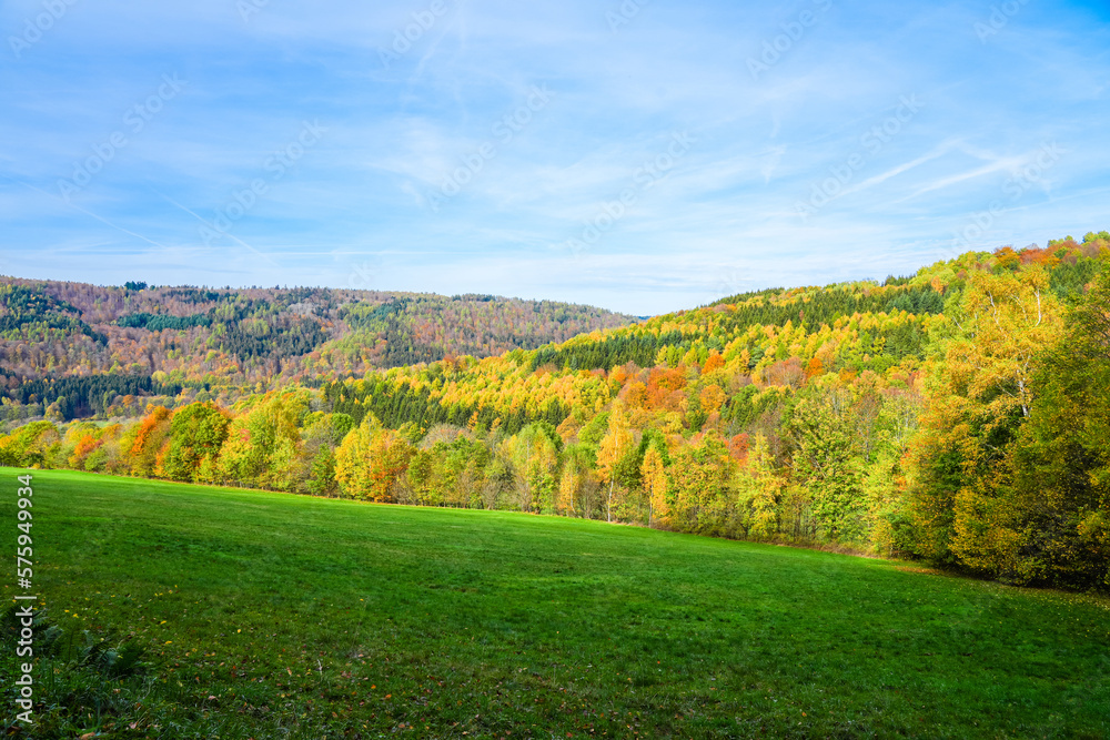 View of nature and the Rhön near Riedenberg. Autumn forest in the low mountain range.
