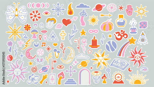 Magic background groovy in retro trend style with clipart elements. Decorative mystical vector isolated pattern. clipart stickers. Esoteric element witchcraft. Collection of occult symbols y2k
