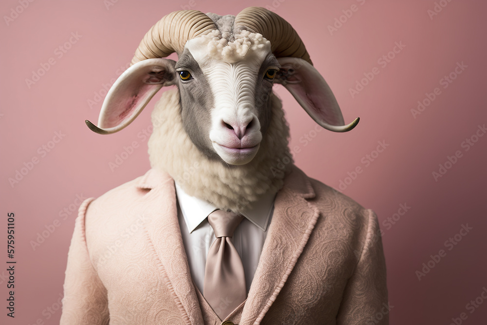Portrait of a ram dressed in a formal business suit, character, generative ai - obrazy, fototapety, plakaty 